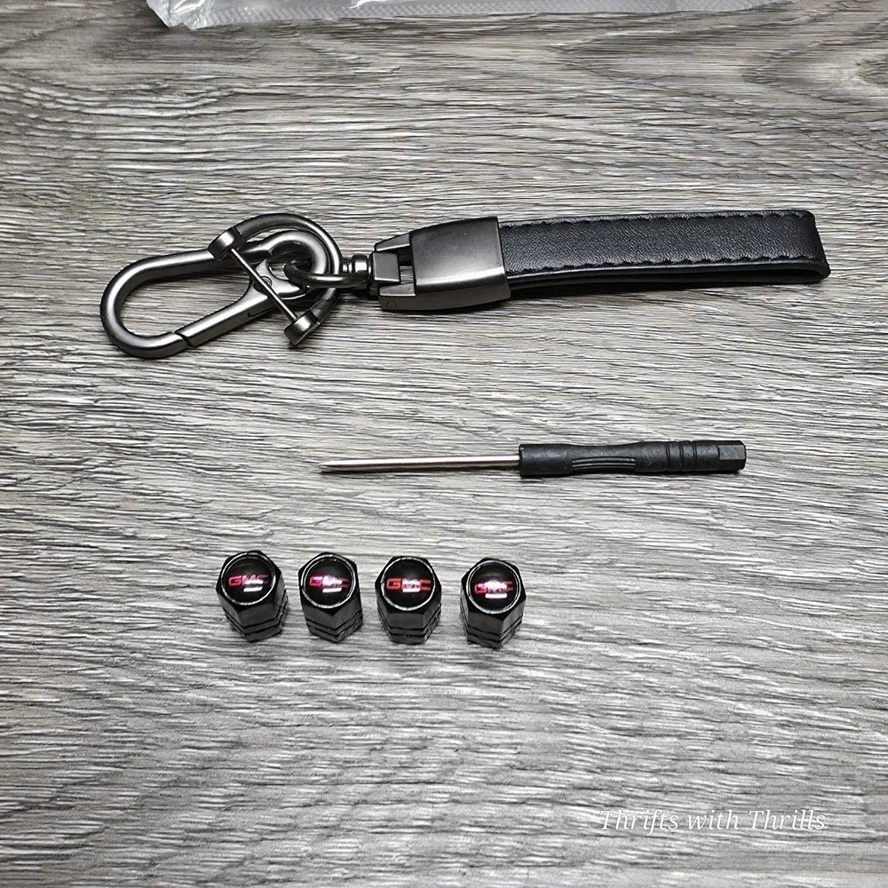 GMC Black And Red Keychain - Key Fob Holder With 4 Valve Caps - New